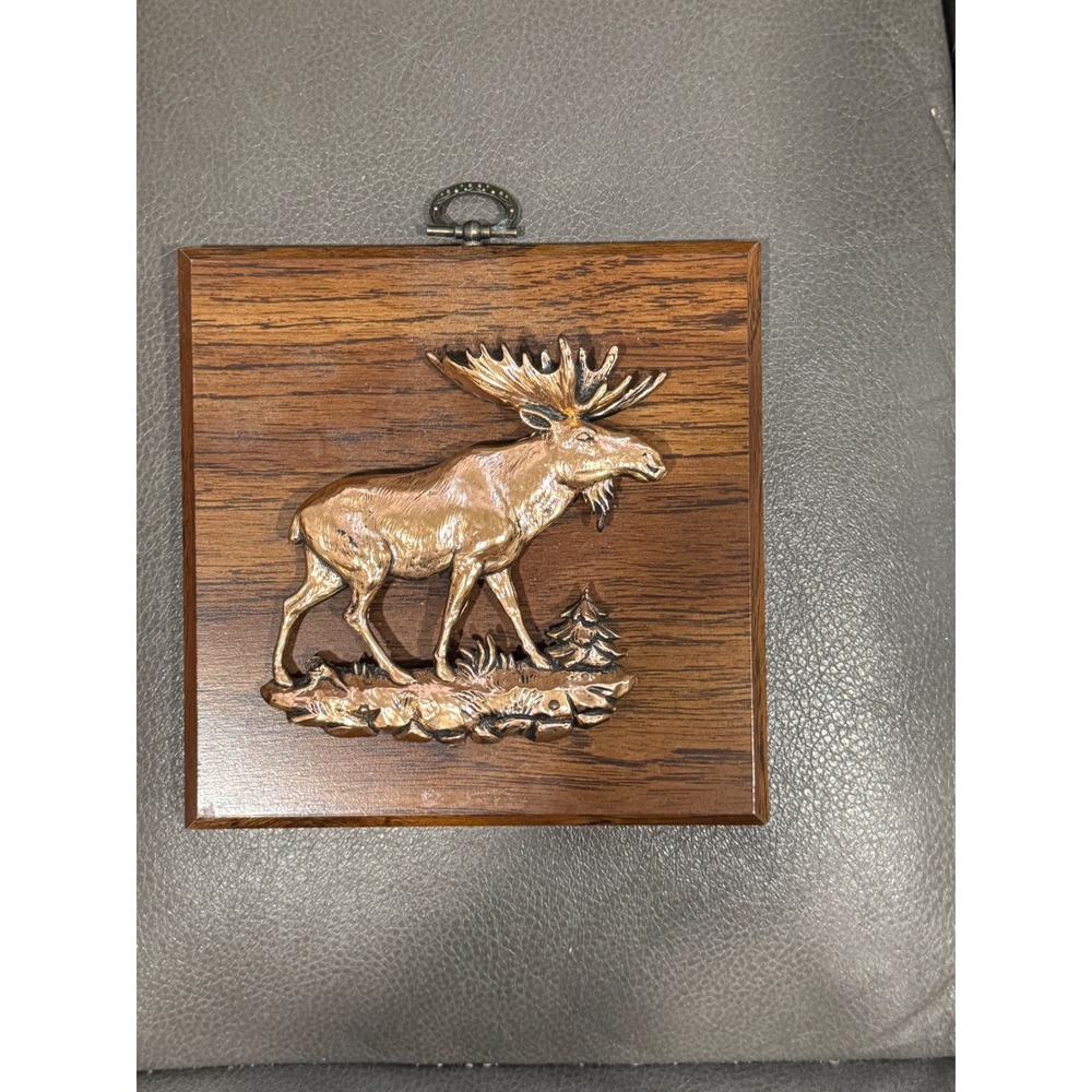 Vintage Moose Wall Plaque Wood Mount Metal Art Rustic Cabin Decor